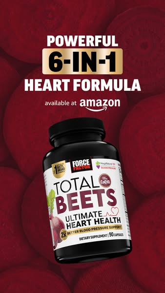This image ad promotes Force Factor Total Beets, a dietary supplement in capsule form designed to support ultimate heart