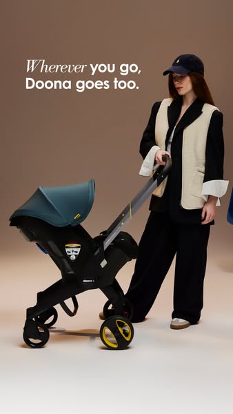 This ad features a woman with a Doona stroller. The ad highlights the convenience of the Doona stroller, suggesting it c