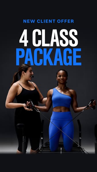 This image ad promotes a 4 class package for new clients at a pilates studio. The image shows two women who appear to be