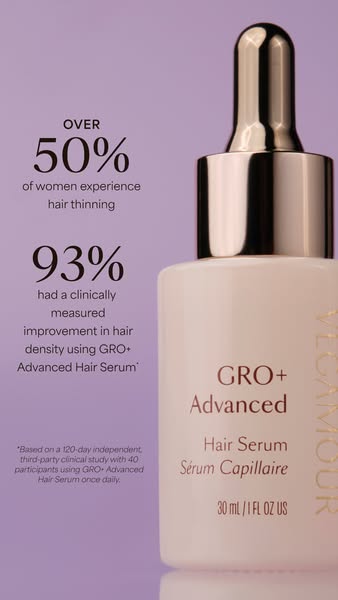 This image ad uses a statistic about women experiencing hair thinning to introduce the product, GRO+ Advanced Hair Serum