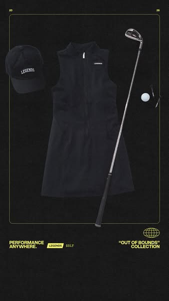 A lifestyle image showing Legends golf apparel. The image contains a hat, vest dress, golf club, golf ball, and golf tee