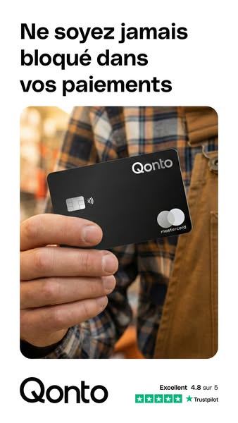 This ad uses a close-up of a Qonto card held by a tradesman. The headline promises the card won't block your payment