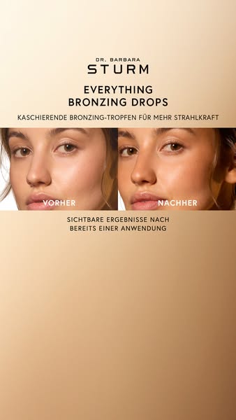 This image ad showcases the effects of Dr. Barbara Sturm's Everything Bronzing Drops using a before and after split 