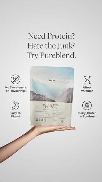 This ad showcases Pureblend protein powder by Form. It emphasizes the product's clean ingredients and easy digestibi
