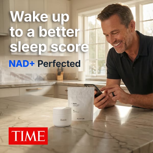 The ad promotes Basis NAD+ supplements for improved sleep. It features a man in a modern kitchen looking at his phone, w