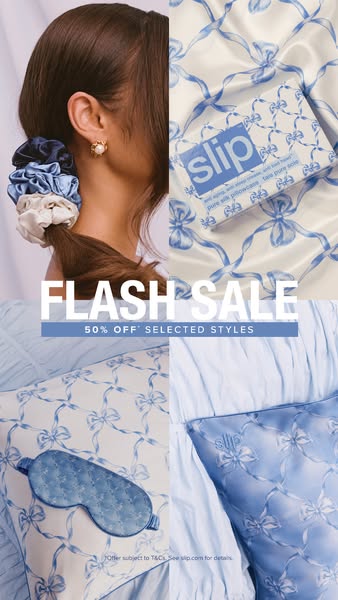 Image ad showcasing Slip silk pillowcases, sleep masks and hair accessories, highlighting a limited-time flash sale.