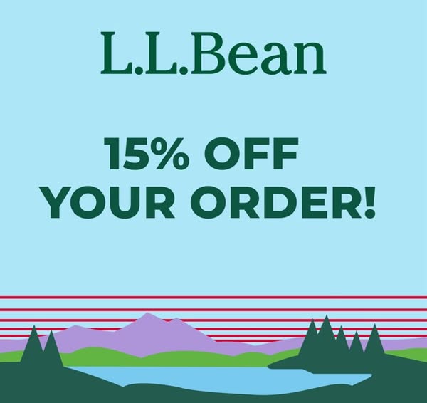 This ad features the L.L.Bean brand and announces a 15% off discount on the viewer's order. It showcases a simple, v