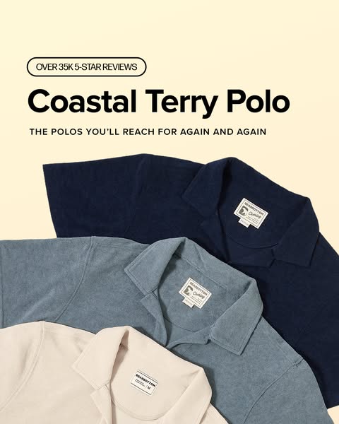 An ad for BEARBOTTOM Clothing's Coastal Terry Polo. The image features three polo shirts stacked, highlighting the b