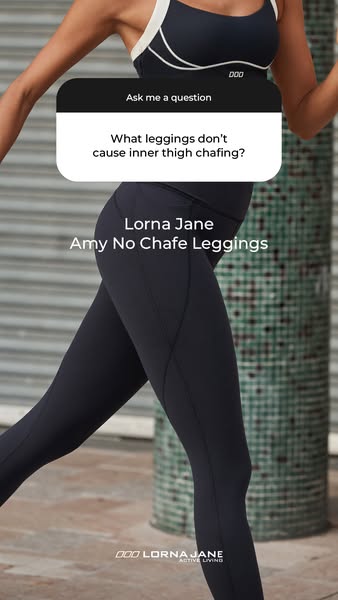 This ad features a question sticker from an Instagram story to address the common issue of inner thigh chafing while wea