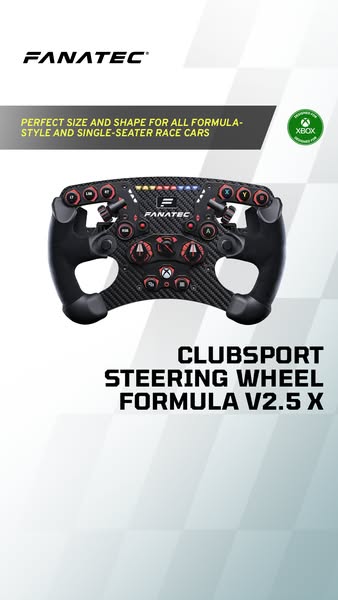 This ad showcases a Fanatec Clubsport Steering Wheel Formula V2.5 X. It highlights its design for formula-style race car