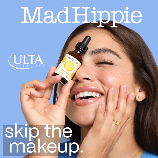 This image promotes Mad Hippie Vitamin C Serum and encourages viewers to skip makeup. The ad features a woman with freck