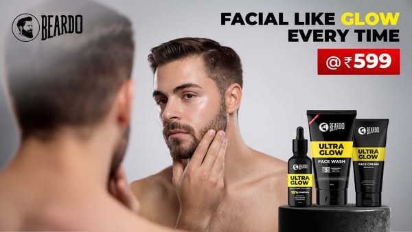 This ad promotes Beardo's Ultra Glow skincare products for men, promising a facial-like glow every time. It features