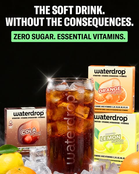 This ad promotes Waterdrop hydration cubes as a healthy alternative to traditional sugary soft drinks, highlighting its 