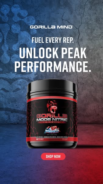 This ad for Gorilla Mode Nitric pre-workout supplement focuses on fueling every rep and unlocking peak performance.