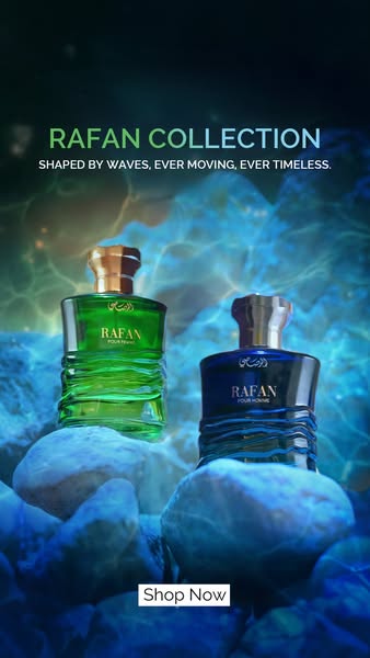This image ad showcases the Rafan Collection perfume line, emphasizing its timelessness and connection to the ocean. The