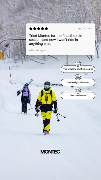 The ad features a testimonial from a customer who praises Montec gear, paired with benefits and delivery guarantees to e