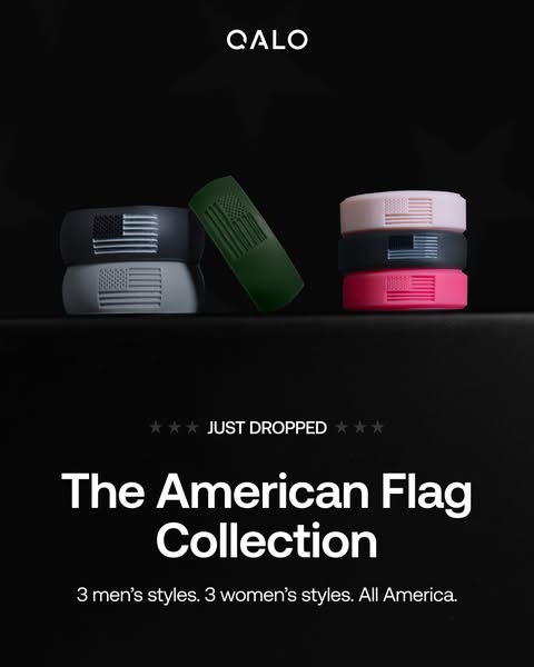 This ad showcases QALO's American Flag Collection, featuring silicone rings for both men and women. It emphasizes th