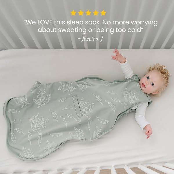 This ad uses a positive customer quote, five-star rating, and an image of a baby to promote a sleep sack.