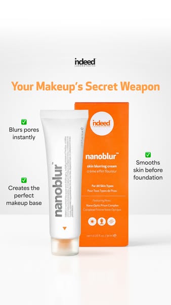 This ad for Indeed Labs promotes the nanoblur skin blurring cream as a product that blurs pores, creates a makeup base, 