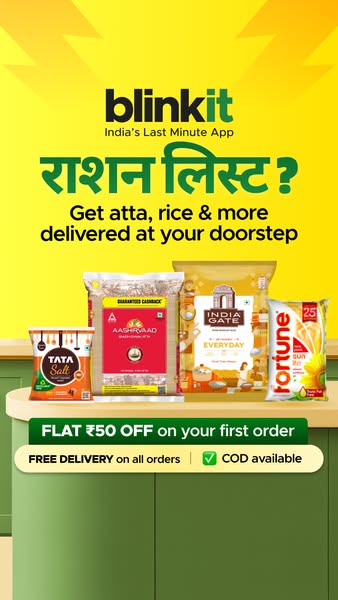 This Blinkit ad showcases a variety of staple food products like atta, rice, salt, and cooking oil, highlighting the con