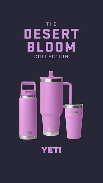 The ad features three YETI drinkware products in the new 'Desert Bloom Collection' colorway. The products are di