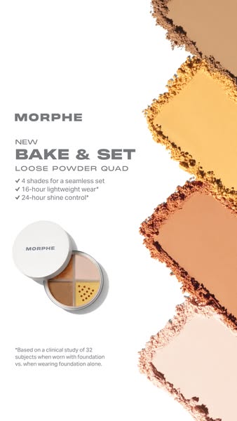 This ad promotes Morphe's Bake & Set Loose Powder Quad, highlighting its features such as 4 shades for a seamles