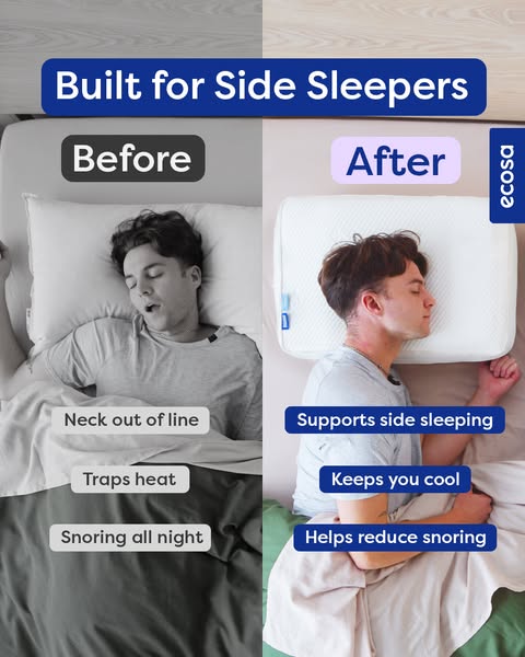 This ad shows the Ecosa pillow being used in a before-and-after scenario. The before scenario shows someone sleeping wit