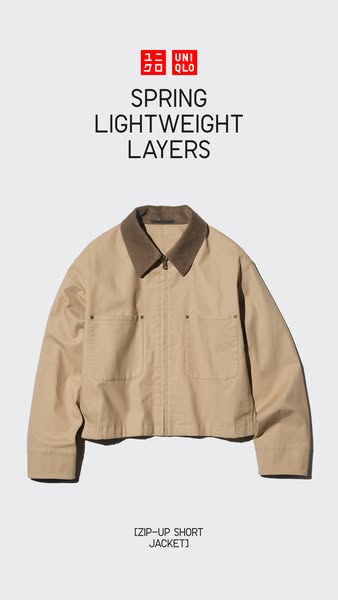 This ad features the Uniqlo brand zip-up short jacket. The ad is a simple, straightforward product display that spotligh