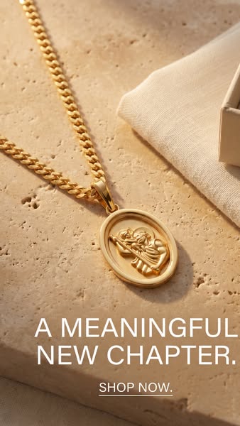 A close-up shot of a gold chain necklace with an oval pendant. The ad promotes the jewelry, emphasizing a sense of new b