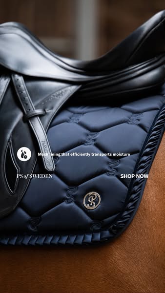 This image ad focuses on the saddle pad product by PS of Sweden. It highlights the mesh lining for moisture transport. T