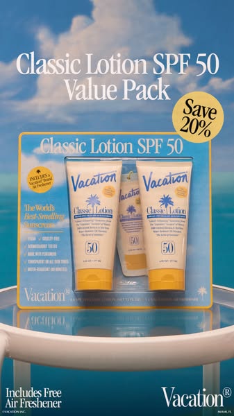 This ad promotes the Vacation brand's Classic Lotion SPF 50 in a value pack, highlighting its pleasant scent and inc