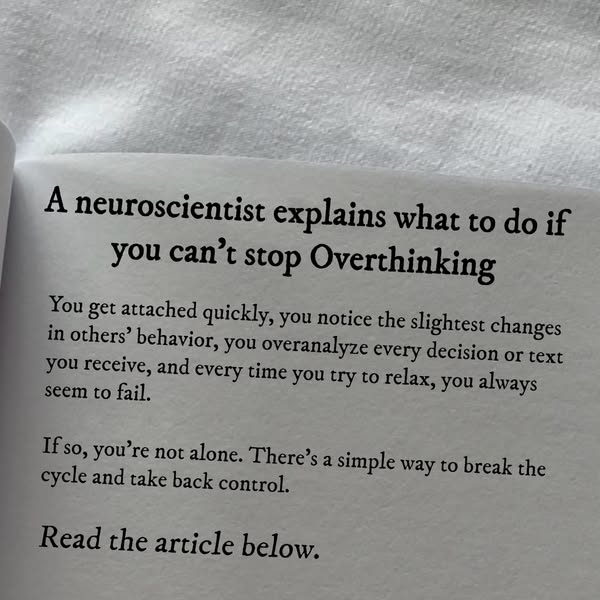 This image ad features an open book page discussing what to do if you can't stop overthinking. It highlights symptom