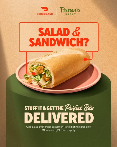 This ad promotes DoorDash delivery of Panera Bread's 'Salad Stuffer' sandwich. It features a visual of the s