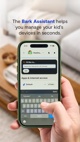 The ad features a mobile device displaying the Bark Assistant app interface. The person holding the phone is shown typin