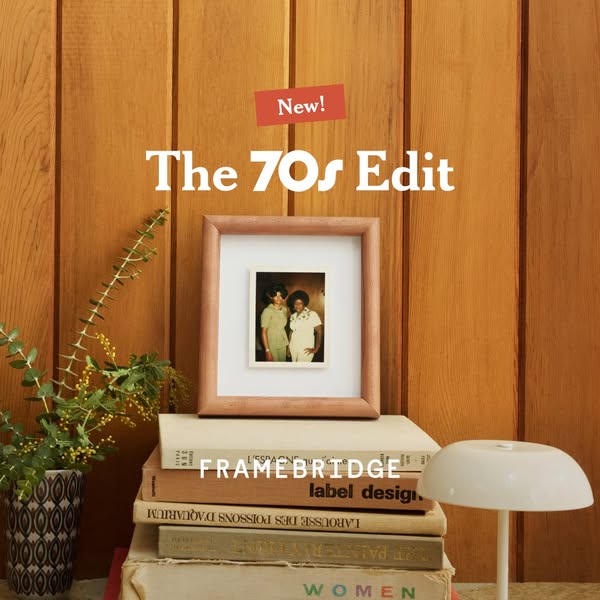 This ad showcases Framebridge's new '70s Edit' frame collection. The image features a framed photo atop a st