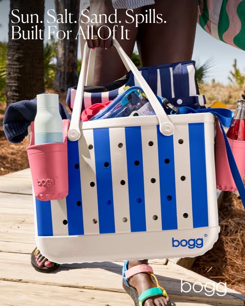 This ad showcases the Bogg Bag as the ultimate companion for beach days and outdoor activities. The image captures a per