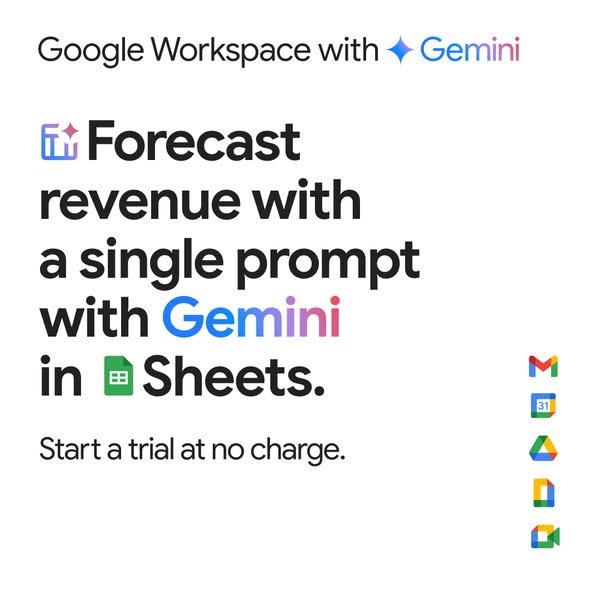This ad promotes Google Workspace with Gemini, highlighting the ability to forecast revenue with a single prompt in Goog