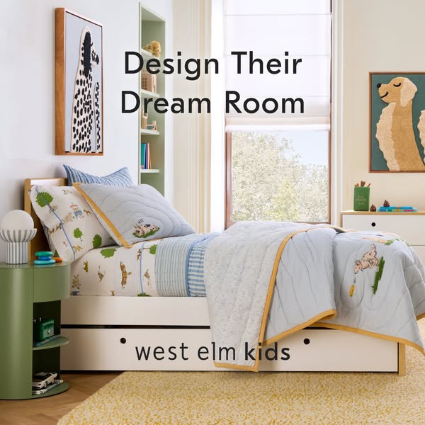 This West Elm Kids ad showcases a stylishly designed child's bedroom. The room features West Elm Kids' furniture