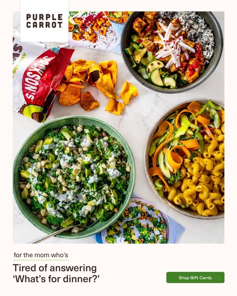 This image ad for Purple Carrot features a variety of plant-based meals and snacks aimed at time-strapped moms, and offe