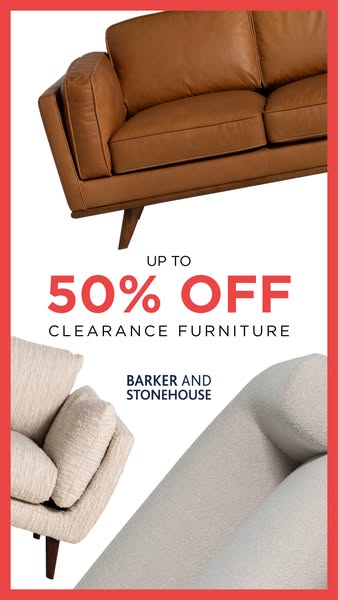 This image ad promotes Barker and Stonehouse's clearance furniture sale, offering up to 50% off. The ad features a m