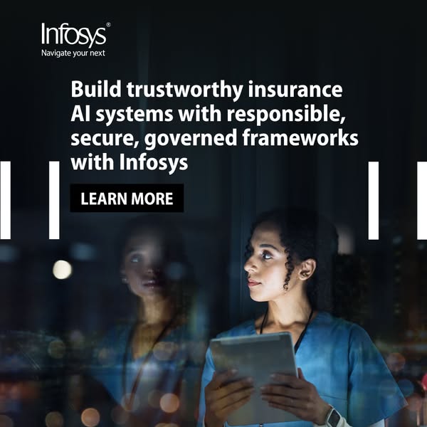 This ad for Infosys promotes its AI systems for insurance. The ad features a medical professional holding a tablet, sugg