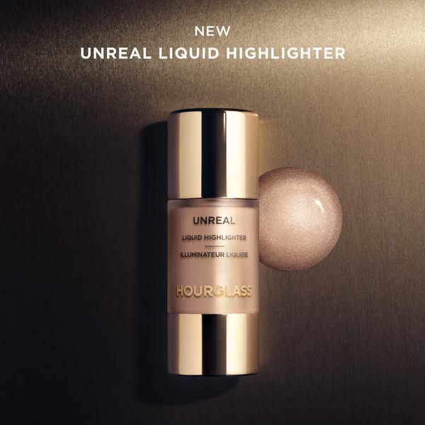 This is an image ad featuring Hourglass' Unreal Liquid Highlighter. The ad focuses on the product itself, showing it