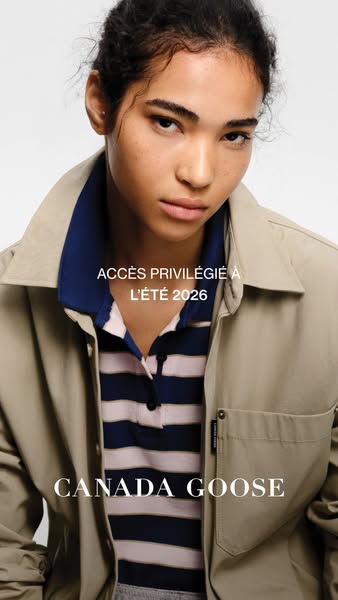 This Canada Goose ad features a young woman wearing a tan shirt jacket and a striped polo shirt. The ad's copy promo