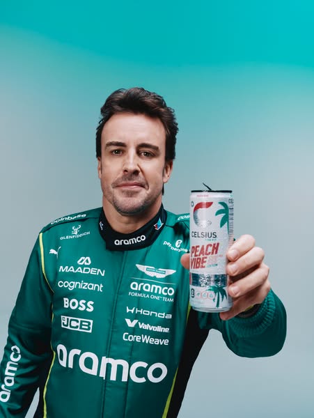 A well-known race car driver endorses Celsius Peach Vibe energy drink.