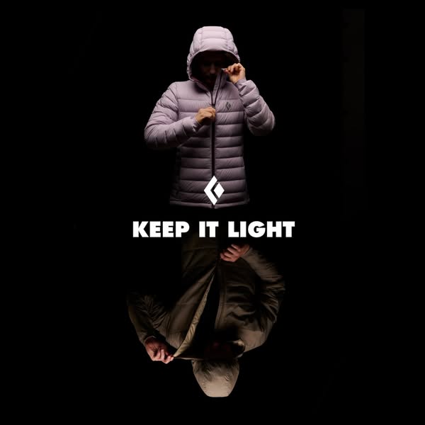 This Meta image ad highlights the Black Diamond Equipment brand and their lightweight jacket. The ad uses a mirrored eff