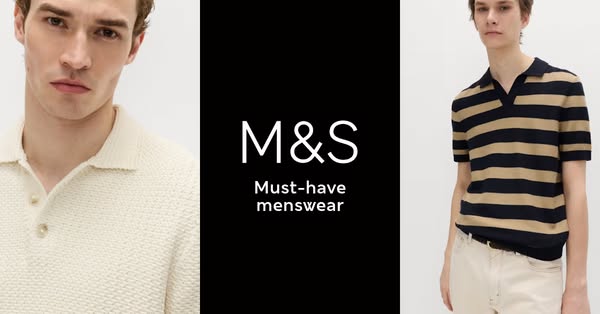 This ad features a split screen layout with a man wearing a cream-colored polo shirt on the left, the M&S logo and &