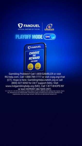 This ad for Fanduel features the NFL playoffs. The ad promotes a new offer where users can choose their reward every rou