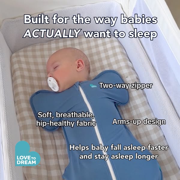 This ad features a baby swaddled in the Love to Dream swaddle and sleeps in a crib. The ad highlights the features of th