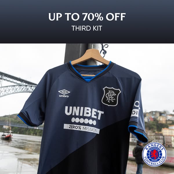 Ad for the Rangers Football Club's third kit, offering up to 70% off.