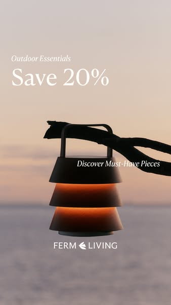 This image ad promotes Ferm Living’s outdoor collection with a focus on a portable lamp, showcasing its ambient lighting